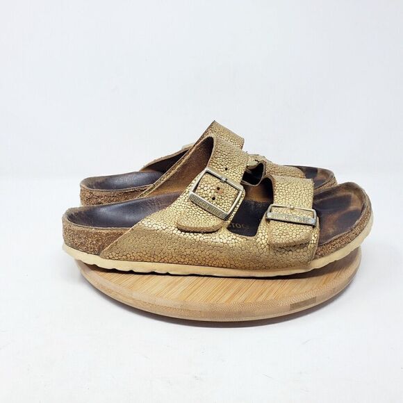 Birkenstock Arizona 38 Womens 7 Sandals Gold Pebble Leather Reptile Buckle Slide - Picture 7 of 12